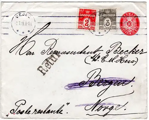 Dänemark 1919, Bergen Retur-Stpl. auf Ganzsache Brief v. Vejle n. Norwegen