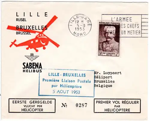 Belgien 1953, 2 Helicopter Erstflug Briefe Brüssel-Lille und zurück