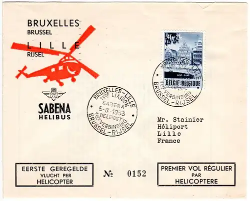 Belgien 1953, 2 Helicopter Erstflug Briefe Brüssel-Lille und zurück