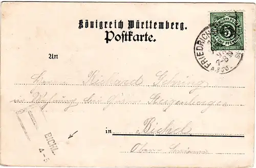 Bayern 1898, L2-Aushilfsstempel BICHL als Ank.Stpl. auf AK m. Württemberg 5 Pf.