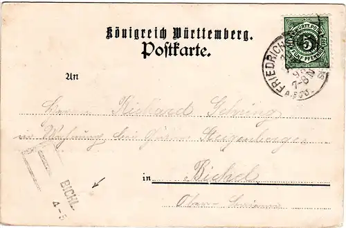 Bayern 1898, L2-Aushilfstempel BICHL als Ank.Stpl. auf AK m. Württemberg 5 Pf.