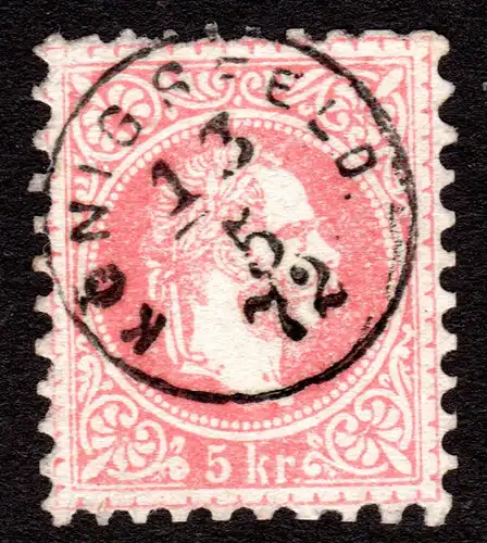 Österreich, KÖNIGSFELD, klarer Mähren-Fingerhut Stpl. zentr. auf 5 Kr. rot.