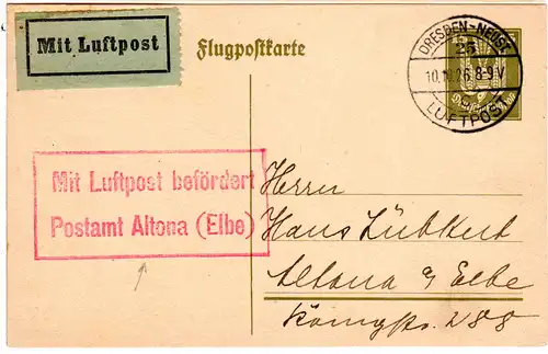 DR 1926, 15 Pf. Flugpost Ganzsache per Luftpost v. Dresden-Neustadt n. Altona