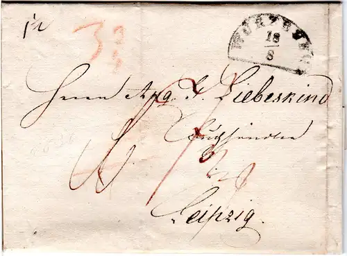 Bayern 1836, HKS WÜRZBURG auf Porto Brief n. Leipzig, Sachsen