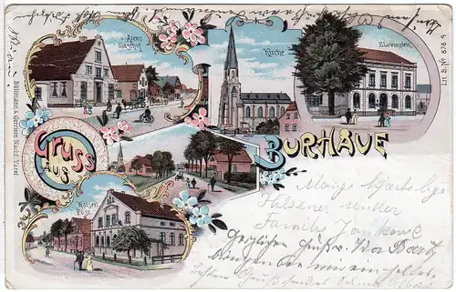 Gruss aus BURHAVE, u.a.m. Post u. Gasthof, 1902 gebr. Litho-AK 