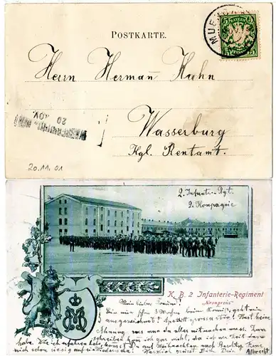 Bayern 1901, Aushilfs-L2 WASSERBURG a. INN auf München sw-AK Regiment Kronprinz