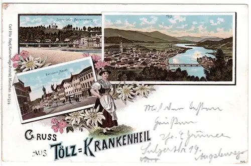 Gruss aus Tölz-Krankenheil, 1897 gebr. Litho-AK