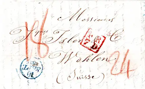 Frankreich 1836, Verrechnungs-R2 FR7D auf Porto Brief v. Paris i.d. Schweiz