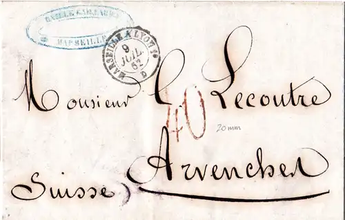 Schweiz 1865, Portostpl. "40" in braunrot auf Brief v. Marseille Frankreich