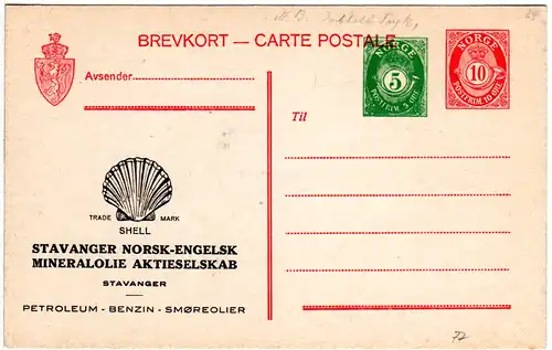 Norwegen P77, ungebr. 10+5 öre Ganzsache m. Shell Mineralöl/Benzin Zudruck