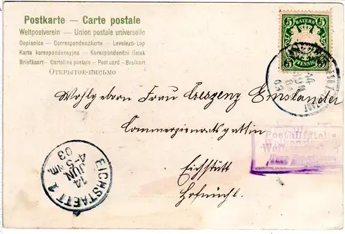 Bayern 1903, Posthilfstelle WEIHENSTEPHAN Taxe Hohenthann auf Karte m. 5 Pf.