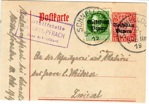 Bayern 1919, Posthilfstelle UNTERAMPFRACH Taxe Schnelldorf auf gr. Briefstück
