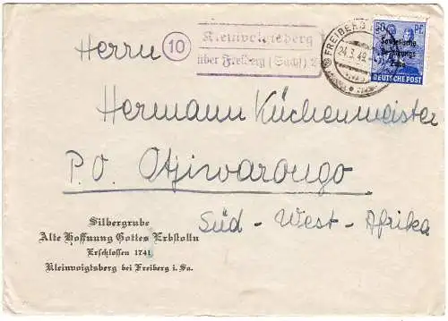 SBZ 1949, Landpost Stpl. 10 KLEINVOIGTSBERG über Freiberg auf Brief n. SW-Afrika