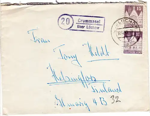 BRD 1949, Landpoststpl. 20 CRUMMASEL über Lüchow auf Brief m. 2x15 Pf. Bauten 