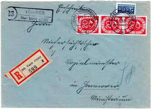 BRD 1953, Landpost Stpl. 23 HEUBÜLT über Varel auf Einschreiben Brief m. 3x20 Pf