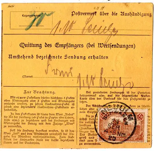 Bayern 1920, Posthilfstelle OFFENHAUSEN Taxe Neu-Ulm auf Paketkte m. 6 DR Marken