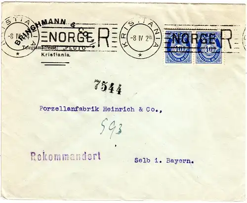Norwegen 1924, Kristiania Maschinen-Reko-Stempel auf Brief m. 2x40 öre n. Bayern
