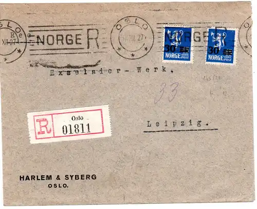 Norwegen 1927, OSLO Maschinen-Reko-Stempel auf Brief m. MeF 2x30/45 öre 