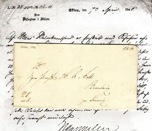 Norwegen 1846, Brief Fra Byfogden Skien n. Brunlaug pr. Laurvig