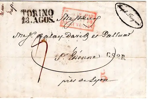 Italien Sardinien 1838, L2 TORINO auf Porto Brief m. CS2R u. rotem R3 ITALIE...