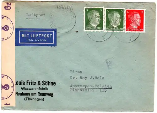 DR 1943, 2x5+12 Pf. auf Luftpost-Zensur Brief v. Neuhaus n. Belgien. Europaporto