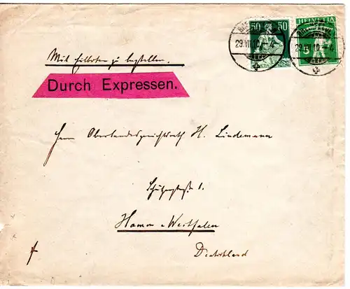 Schweiz 1910, 50+5 C. auf Express Brief v. Rheinfelden n. Deutschland.