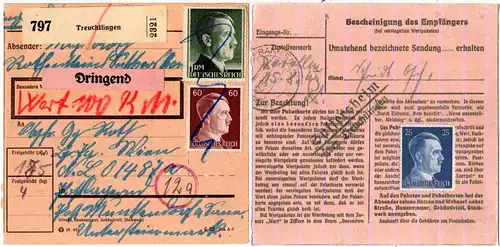 DR 1944, Landpost Stpl. SUFFERSHEIM über Treuchtlingen auf FP Wert Paketkarte