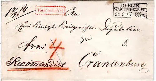 Preussen 1856, R3 BERLIN STADTPOST-EXP:VIII auf Reko Brief n. Oranienburg