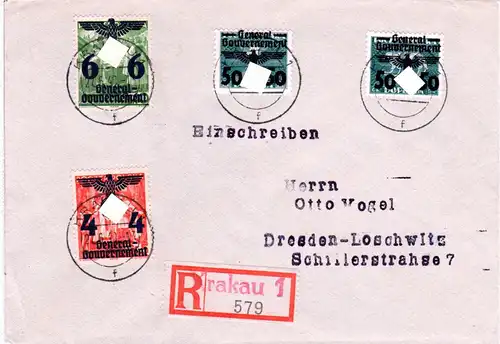 Generalgouvernement 1940, 4 Marken, dabei 50/30 Gr. auf Reko Brief v. Krakau 1