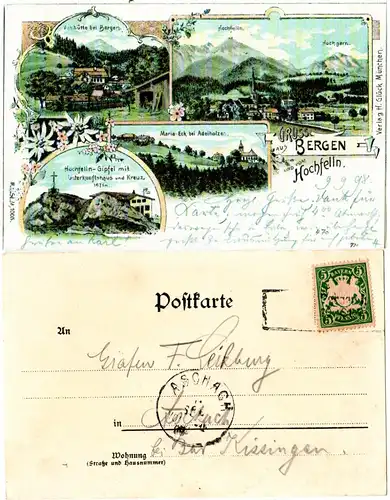 Bayern 1898, L2-Aushilfstpl. Bergen 1. auf Gruss aus-LItho AK m. 5 Pf.