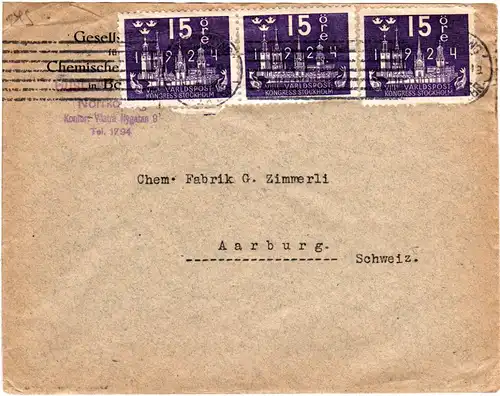 Schweden 1924, MeF 3x15 öre UPU Kongress auf portorichtigem Brief i.d. Schweiz