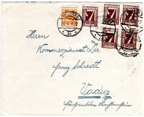 Österreich 1932, 5+5x7 G. auf Brief v. Innsbruck n. Vaduz, Liechtenstein.