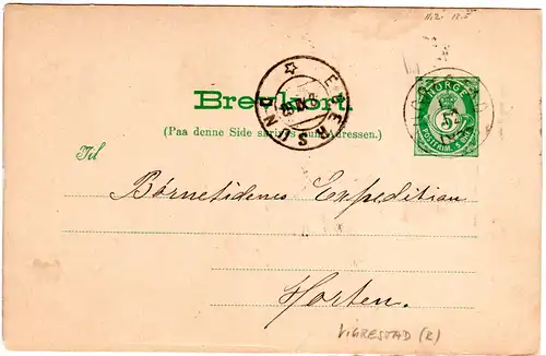 Norwegen 1893, K1 VIGRESTAD (Rogaland) u. K2 Egersund auf 5 öre Ganzsache