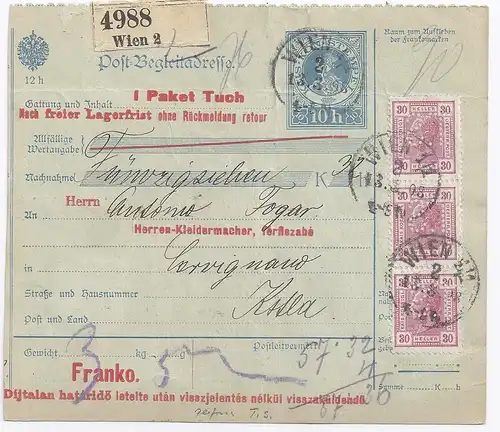 Österreich 1908, 3er-Str. 30 H. m. perfins Firmenlochung "T.S.", Paketkte. #368