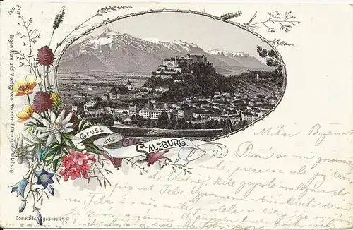 Gruss aus Salzburg, 1896 gebr. attraktive Litho AK. #1726