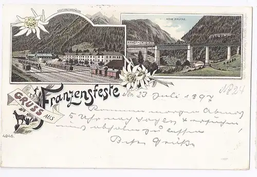 Italien, Gruss aus Franzensfeste m. Bahnhof, Südtirol Alto Adige Litho AK #390