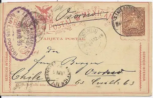 Mexico 1895, Ganzsache v. S. Luis Potosi via New York nach Chile. #2251