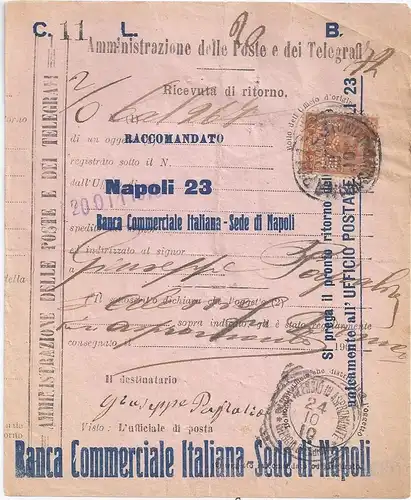 Italien 1910, 20 C. m Firmenlochung perfins B.C.I. auf Rückschein Formular #2175