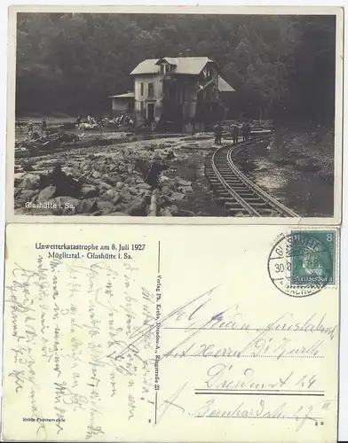 Glashütte Sachsen, Foto AK Unwetter Katastrophe 1927 m. Eisenbahn Strecke. #2502