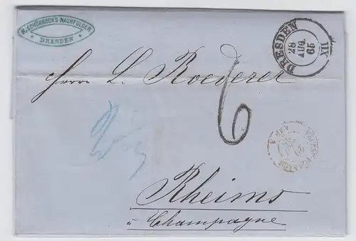 Sachsen Frankreich 1865, K2 Dresden auf Brief ü. Forbach m. Porto Stpl. 6 #2436