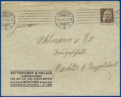 Bayern 1911, 3 Pf. Privatganzsache Brief m. Zudruck, gebr.  v. München. #S276