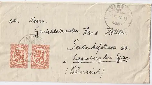 Finnland 1928, MeF 1 Mk. orange auf Brief v. Kannus n. Österreich. #988