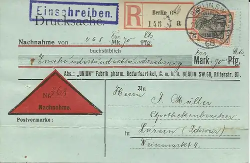 DR 1913, 30 Pf. Germania auf Ausl. Nachnahme Einschreiben Karte v. Berlin. #2800
