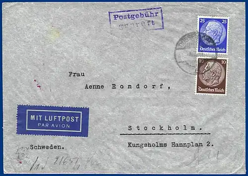 DR, Postgebühr geprüft auf Luftpost Zensur Brief v. Düsseldorf n. Schweden.#S280