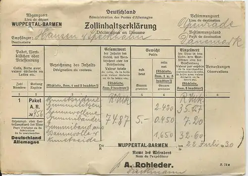 DR 1930, 5+50+100 Pf. auf Paketkarte via Den Danske Posteksped. Flensburg. #2806