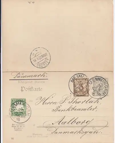 Bayern 1910, Doppelkte. m. Zusatzfr., Brief Stpl. Memmingen n. Dänemark. (#266)
