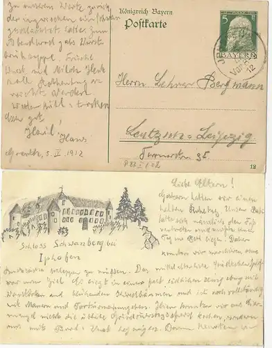 Iphofen 1912, Bleistift Zeichnung Schloss Schwanberg rücks. auf Ganzsache #1388