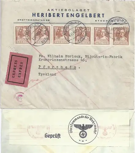 Schweden DR 1940, MeF 6x15 öre auf Express Zensur Brief v. Stockholm. #2125