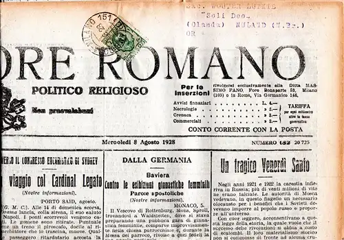 Italien 1928, 25 C. auf kompletter Zeitung m. Bahnpost Stpl. Roma - Milano n. NL