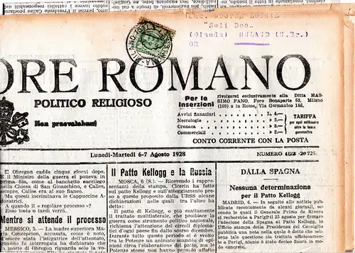 Italien 1928, 25 C. auf kompletter Zeitung m. Bahnpost Stpl. Roma - Milano n. NL